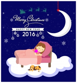 christmas template design with sleeping girl on cloud