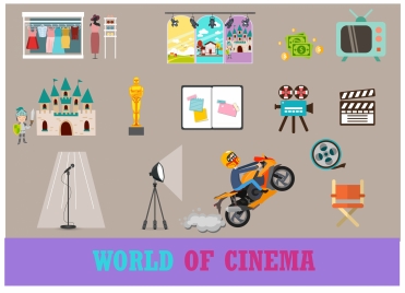 cinema symbols illustration with various colored styles