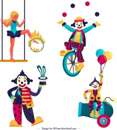 circus design elements clown performer icons cartoon design