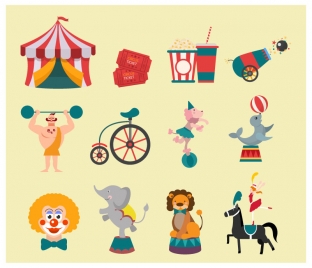 circus design elements with flat colored style illustration