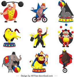 circus icons collection colored cartoon characters design