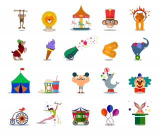 circus icons sets design with flat color style