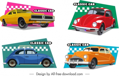classic cars icons colorful 3d flat design