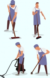 cleaning man icons colored cartoon characters