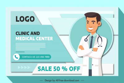 clinic advertising banner template male doctor cartoon
