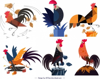 cock icons collection colorful classical design
