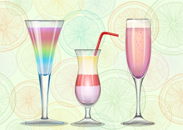 cocktail advertising wineglass icons fruit slices backdrop