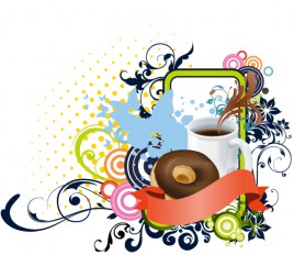 Coffee cup with cake and flora art