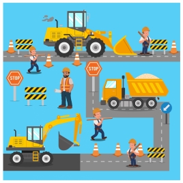 construction site work illustration with machine and workers
