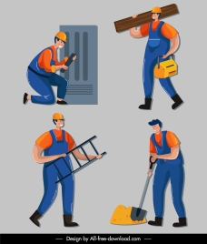 construction workers icons men sketch colored cartoon design