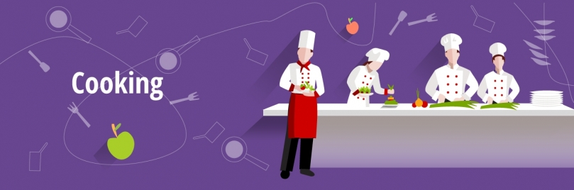 cooking concept illustration with working chef and cooks