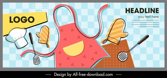 cooking work banner kitchen elements sketch flat classic