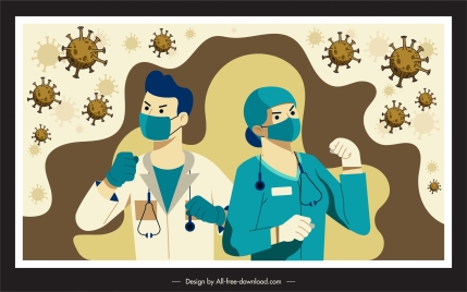 corona virus banner fighting doctors bacteria sketch