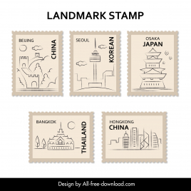 country stamps collection hand draw national symbols outline