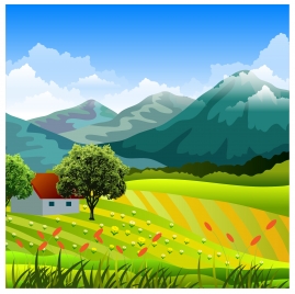 countryside landscape with mountain and grass field