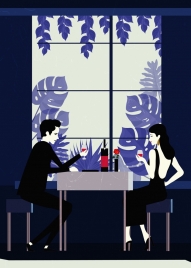 couple dating drawing restaurant interior colored cartoon design