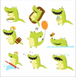 crocodile icons isolation green design various funny styles