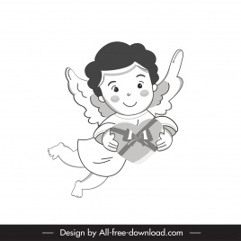 cupid icon cute winged boy handdrawn black white cartoon character sketch