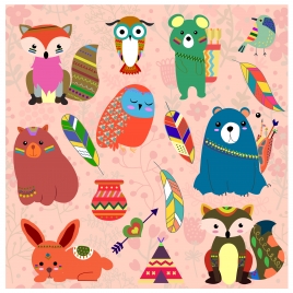 cute cartoon animals vector illustrations with indian style