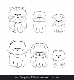 cute cats icons funny flat black white handdrawn outline