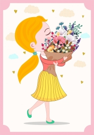 cute girl painting flower bouquet decor cartoon character