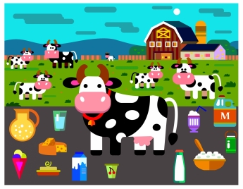 dairy products icons illustration with cow on farm