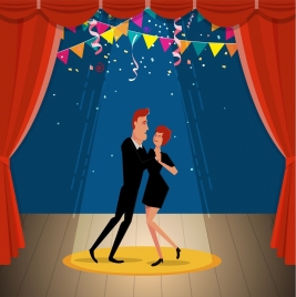 dancing couple icon classical stage background cartoon style
