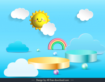 decorative backdrop template elegant 3d podium cute sun rainbow clouds