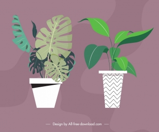 decorative background plant pots icons colored classical design