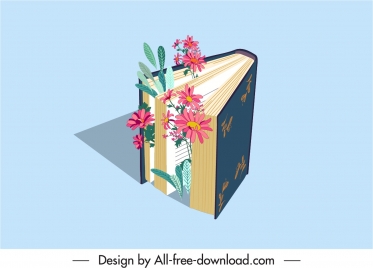 decorative book icon flowers sketch 3d design