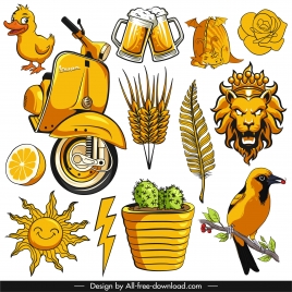 decorative elements icons yellow classical handdrawn emblems