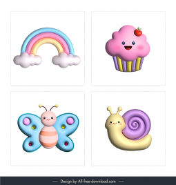 decorative elements sets  cute 3d rainbow cupcake butterfly snail