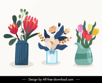 decorative flowers icons flat colorful classical sketch