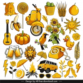 decorative icons yellow classic symbols sketch