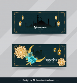 decorative islamic banner templates crescent moon  flower silhouette architectures lanterns decor