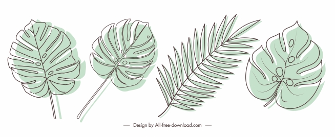 decorative leaf icons retro handdrawn sketch