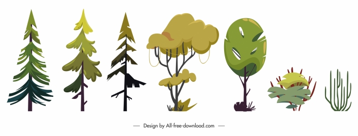 decorative trees icons colored flat shapes sketch