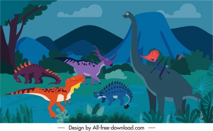dinosaurs background template cartoon sketch colorful classic design