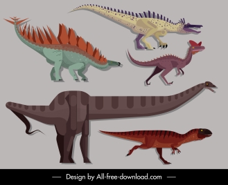 dinosaurs creatures icons colorful classic design cartoon sketch