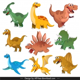 dinosaurs species icons cute cartoon characters sketch
