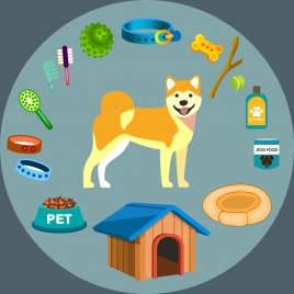 dog pet accessories icons 3d colored design