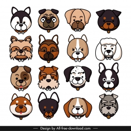 dogs species icons faces sketch cute design