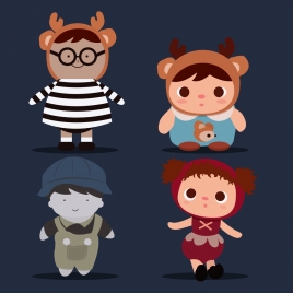 doll icons collection cute costumes colored cartoon design
