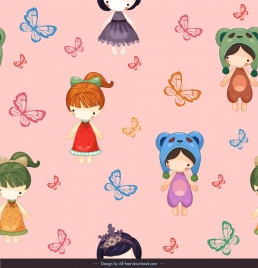 dolls pattern butterflies decor cute cartoon characters sketch