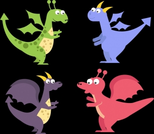 dragon icons collection colored stylized cartoon style