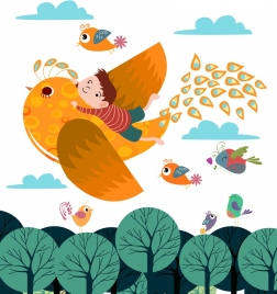 dream background flying birds icons colored cartoon design