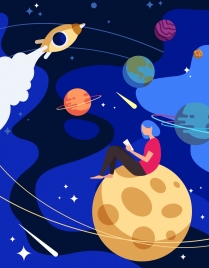 dream background girl reading book space planets icons