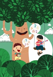 dreaming background joyful boys stylized tree colored cartoon
