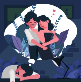 dreaming background sleeping man couple thought bubble icons