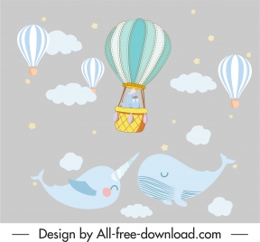 dreaming pattern flying whales balloons decor cartoon design
